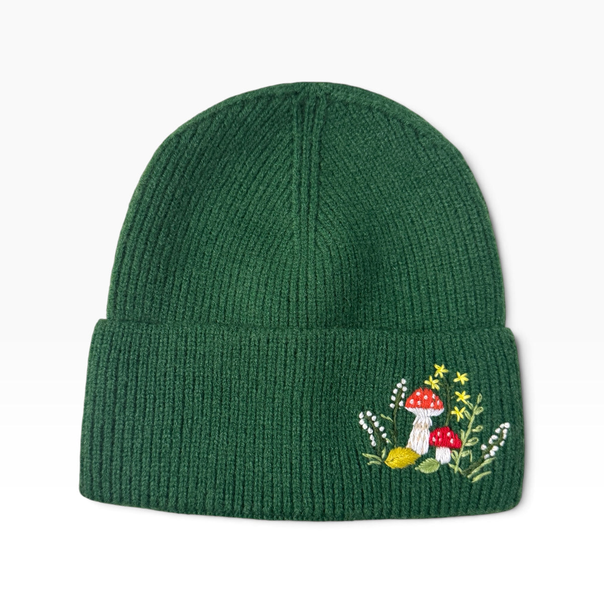 Mushroom Embroidered Green Beanie