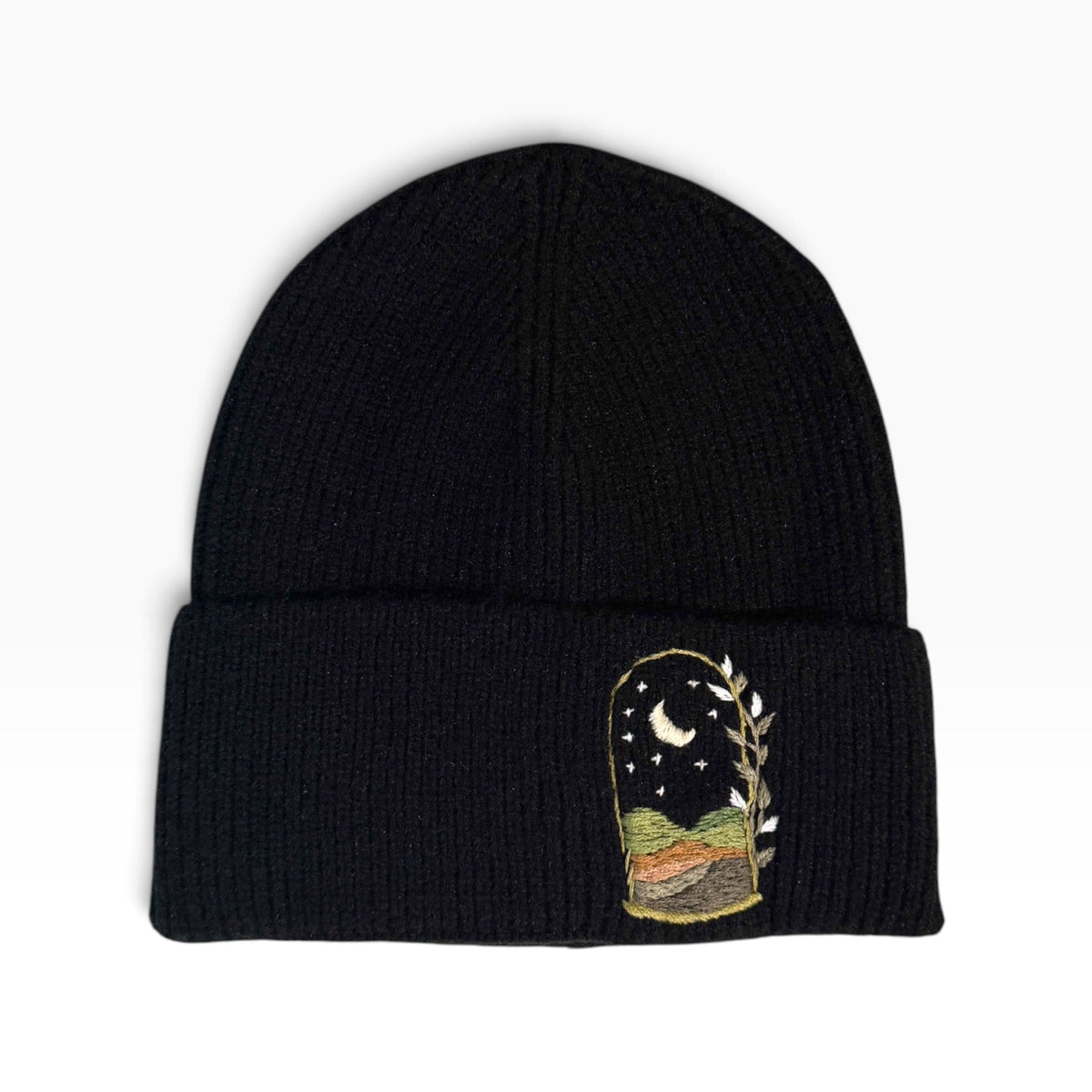 Moonlit Hills Embroidered Black Beanie