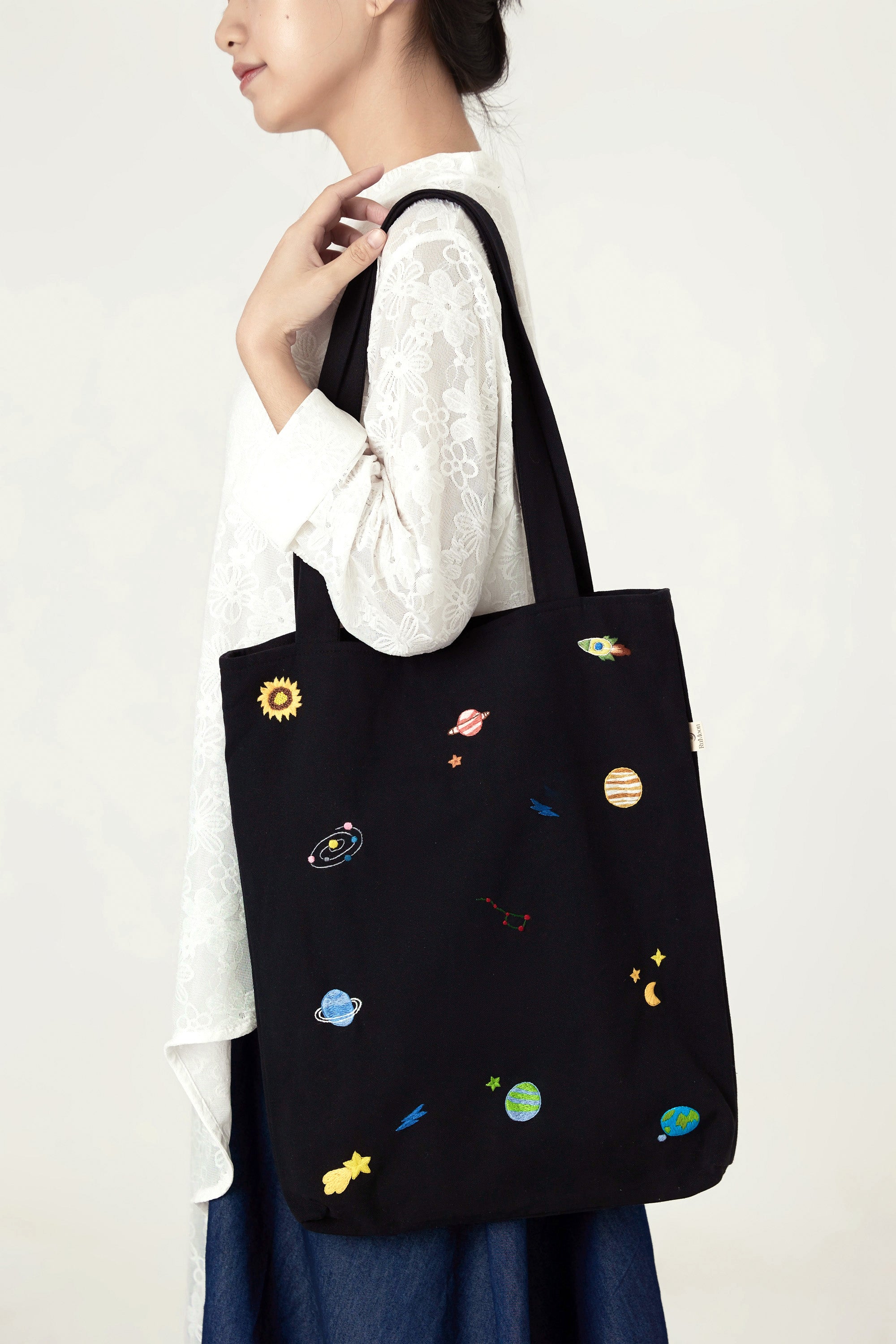 Space Hand Embroidery Tote Bag Black