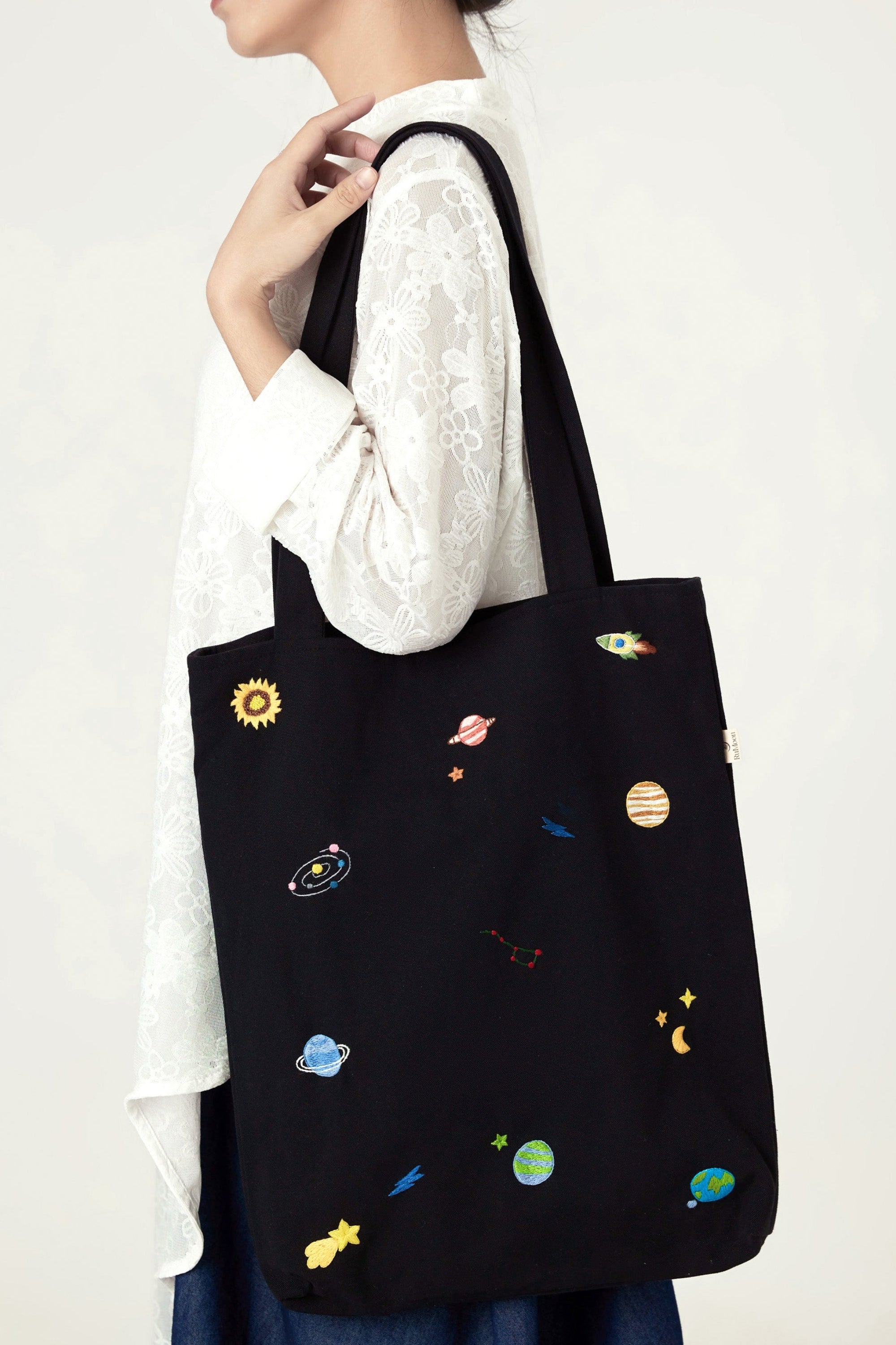 Space Hand Embroidery Tote Bag Black