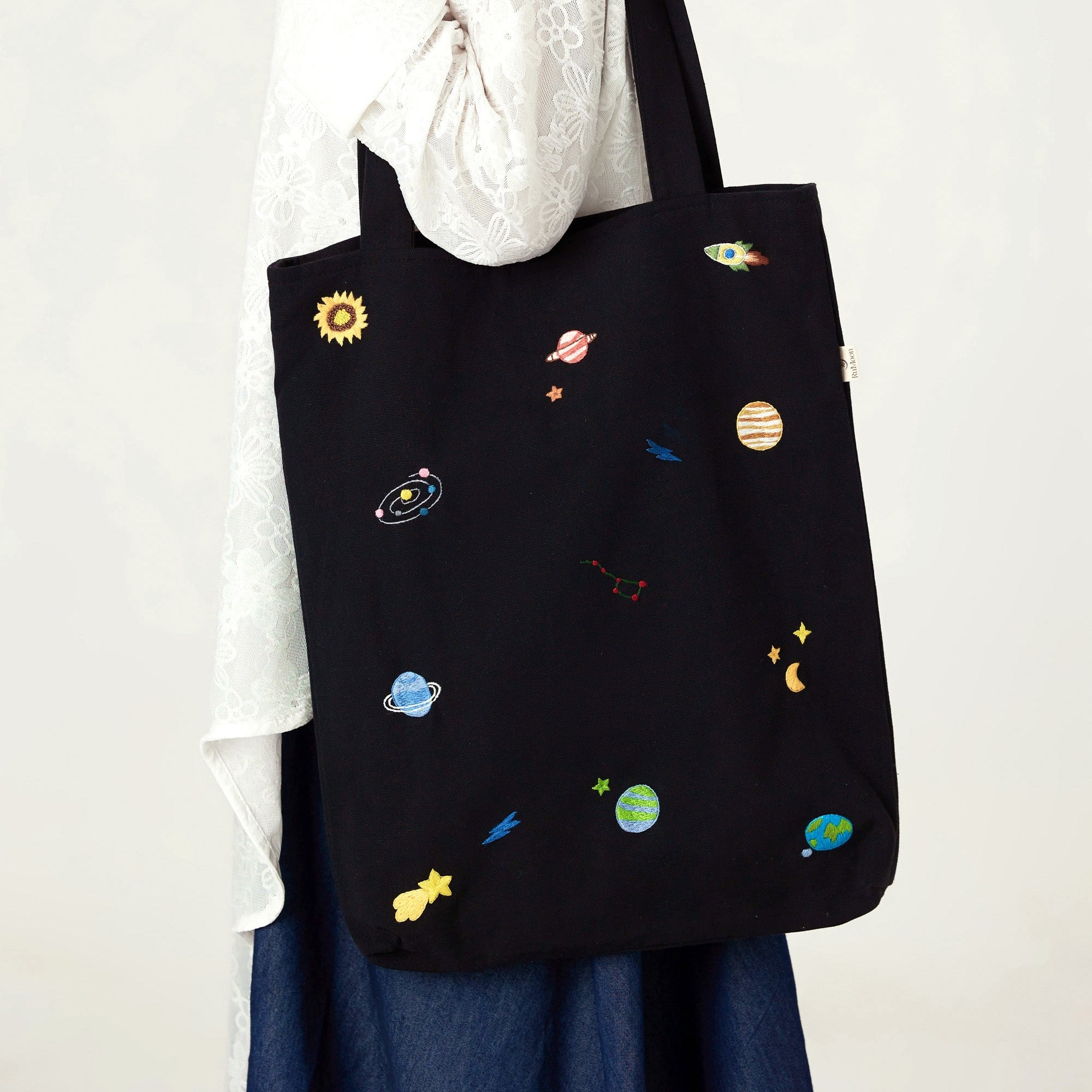 Space Hand Embroidery Tote Bag Black