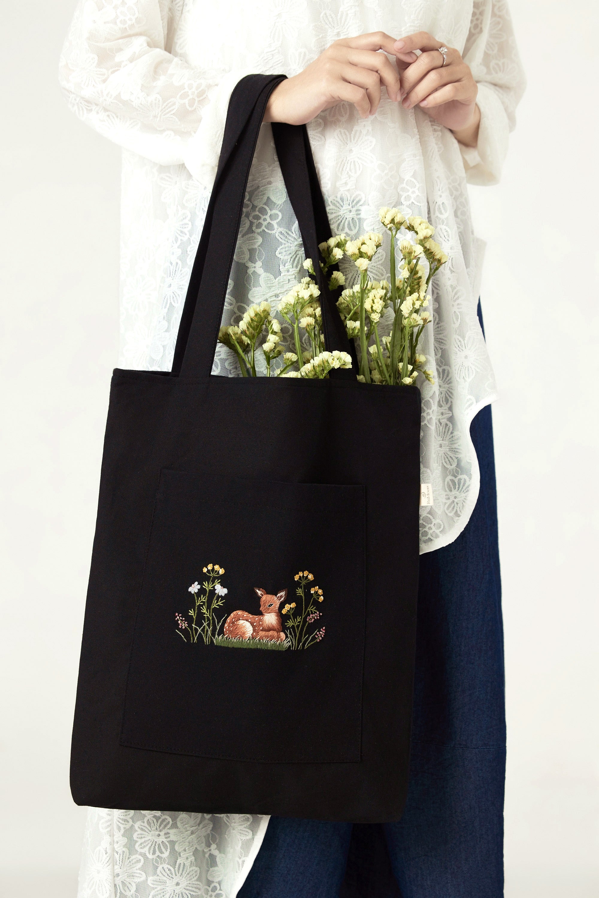 Little Deer Front Pocket Tote Bag Black
