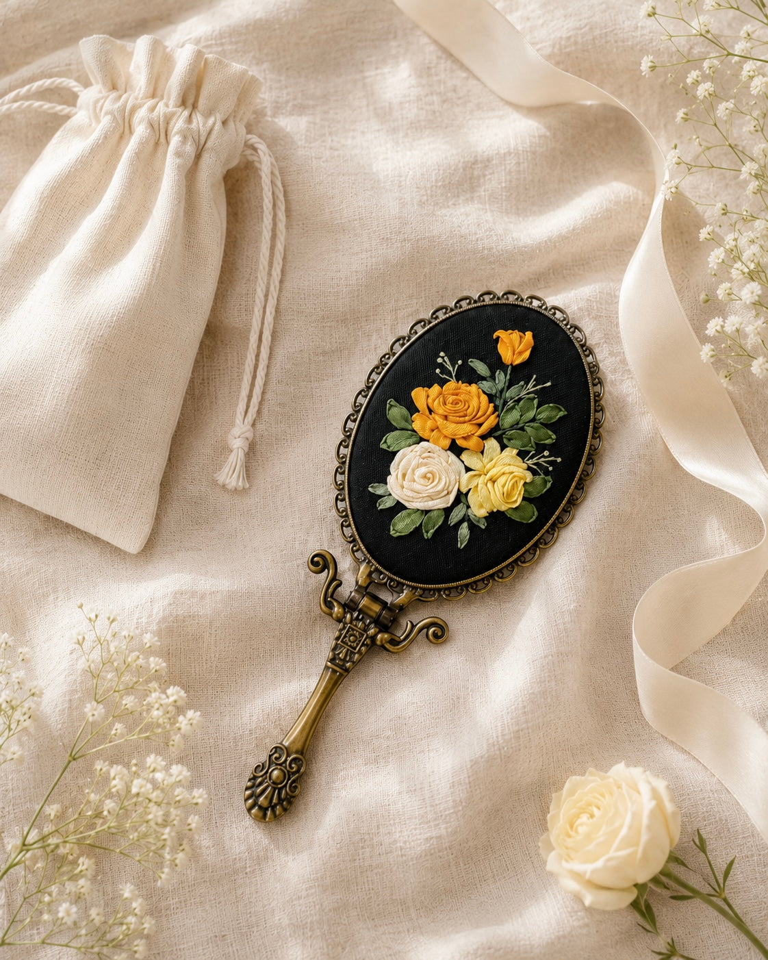 Golden Roses Hand Embroidered Handheld Mirror