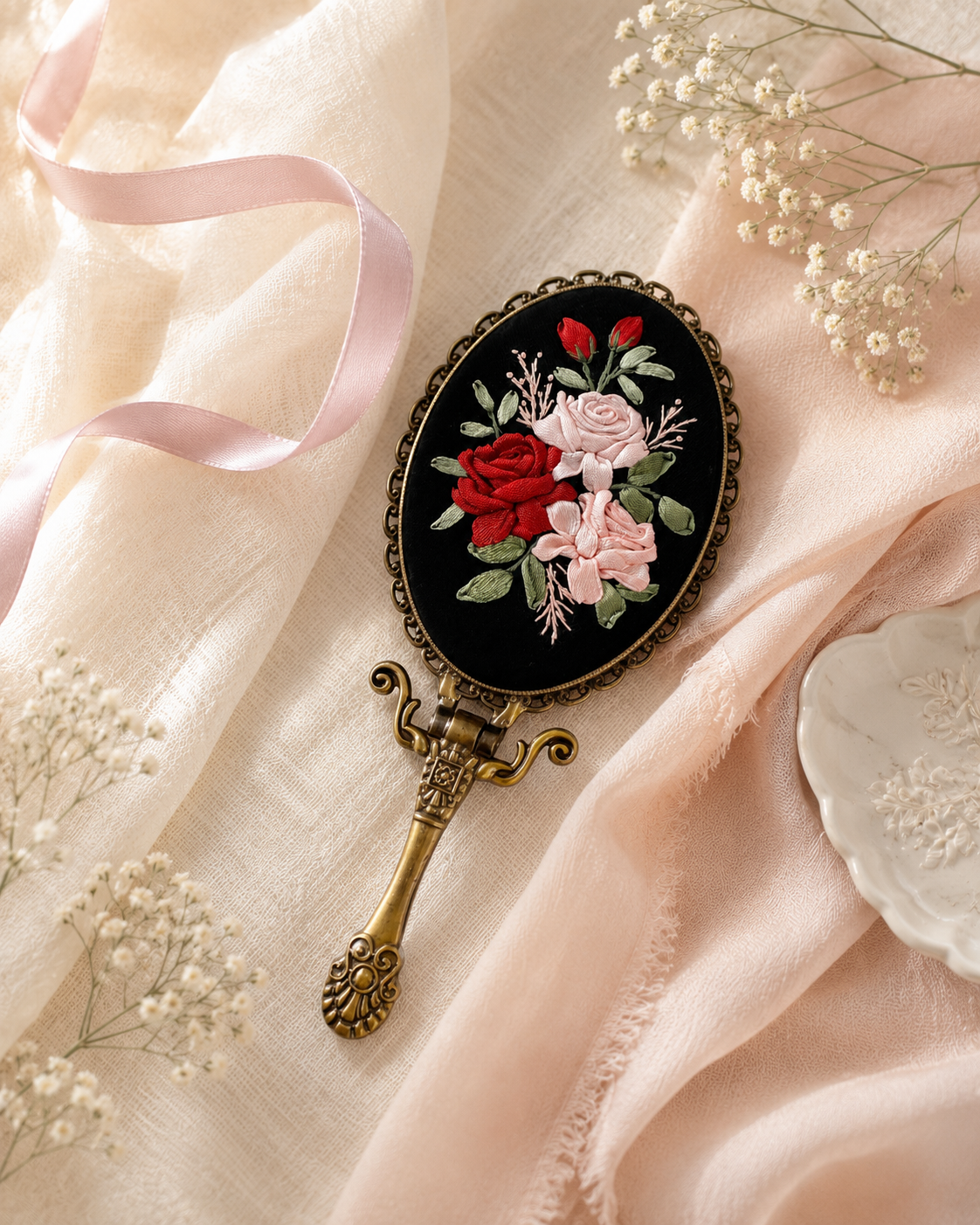Crimson Blush Rose Embroidered Handheld Mirror