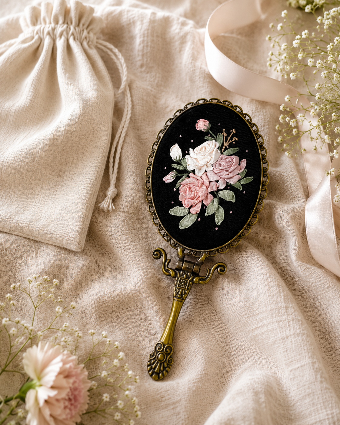 Blush Roses Hand Embroidered Handheld Mirror