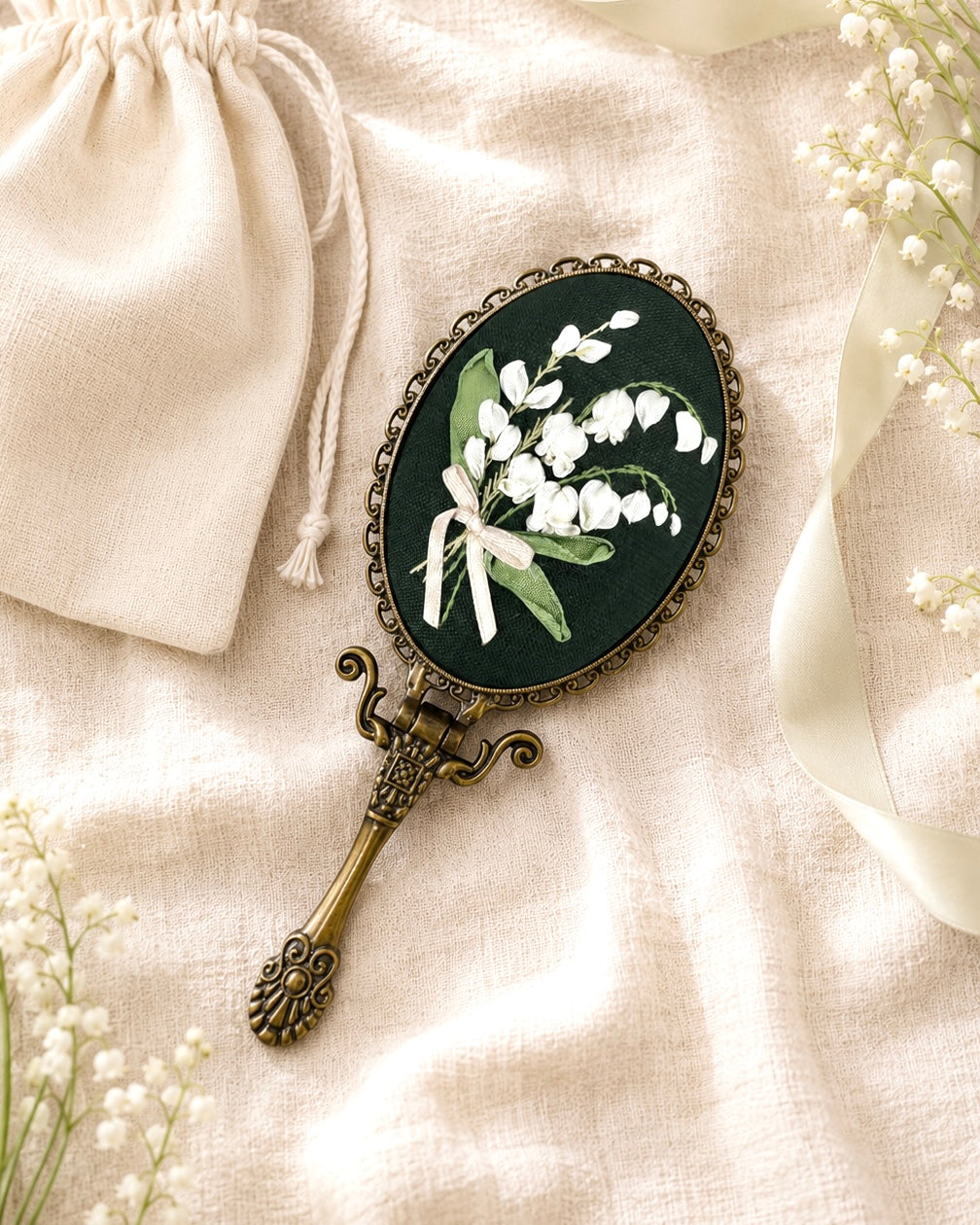 Lily of The Valley Green Embroidered Handheld Mirror