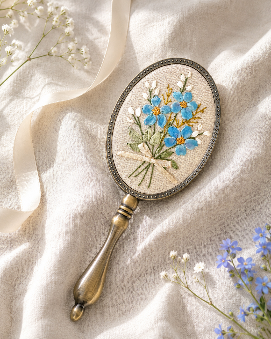 Blue Forget Me Not Beige Handheld Mirror