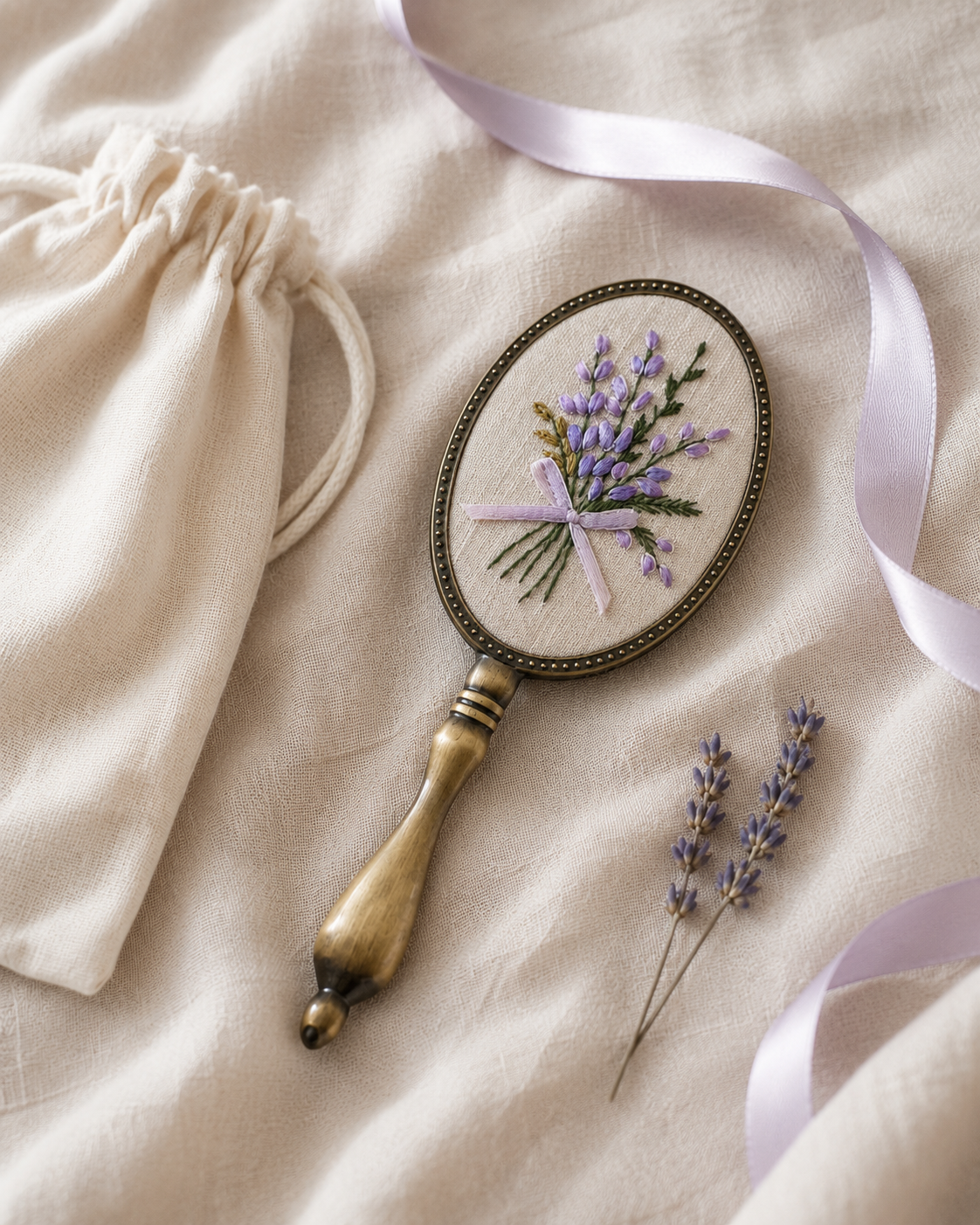 Lavender bouquet hand embroidered handheld mirror