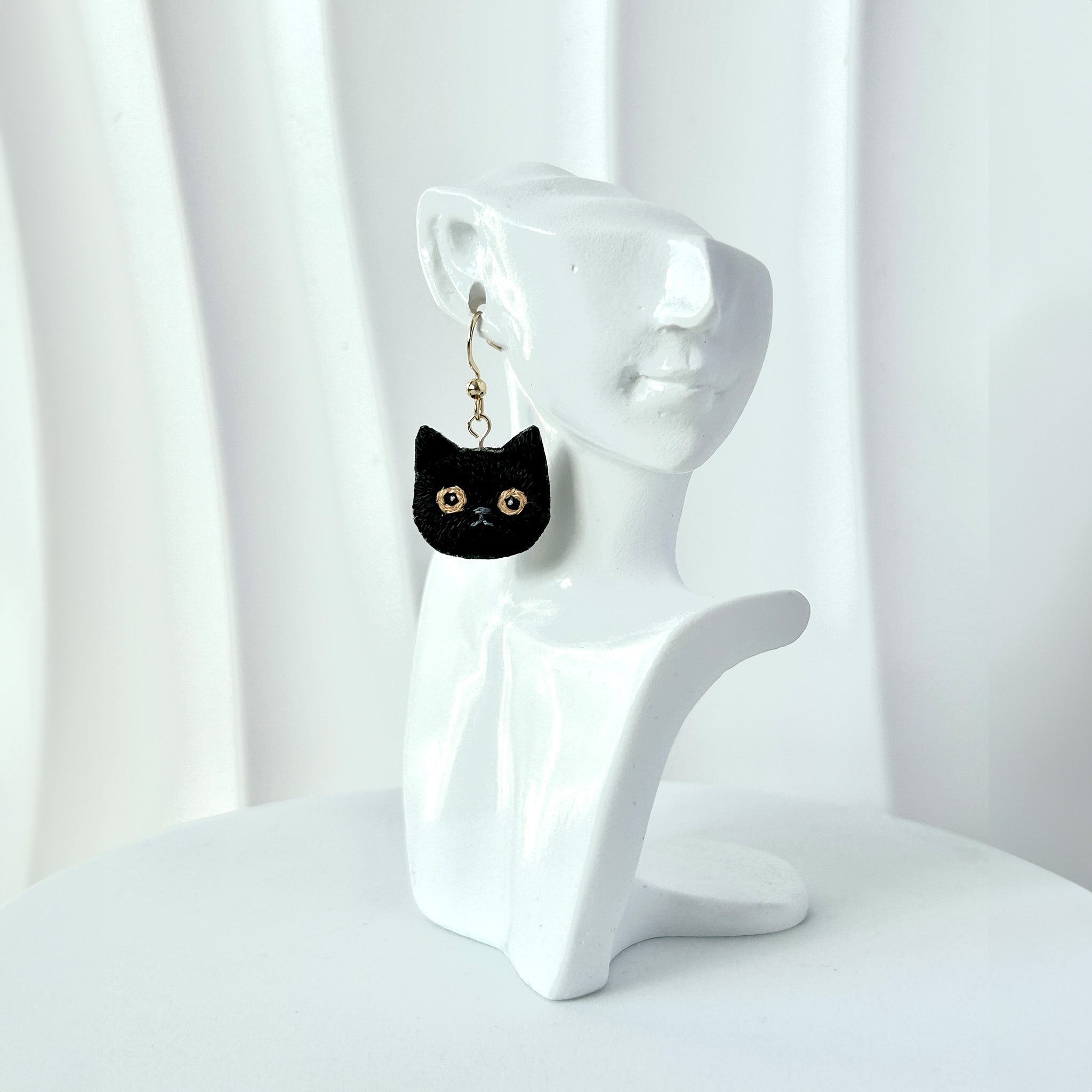 Black Cat Hand Embroidered Earrings