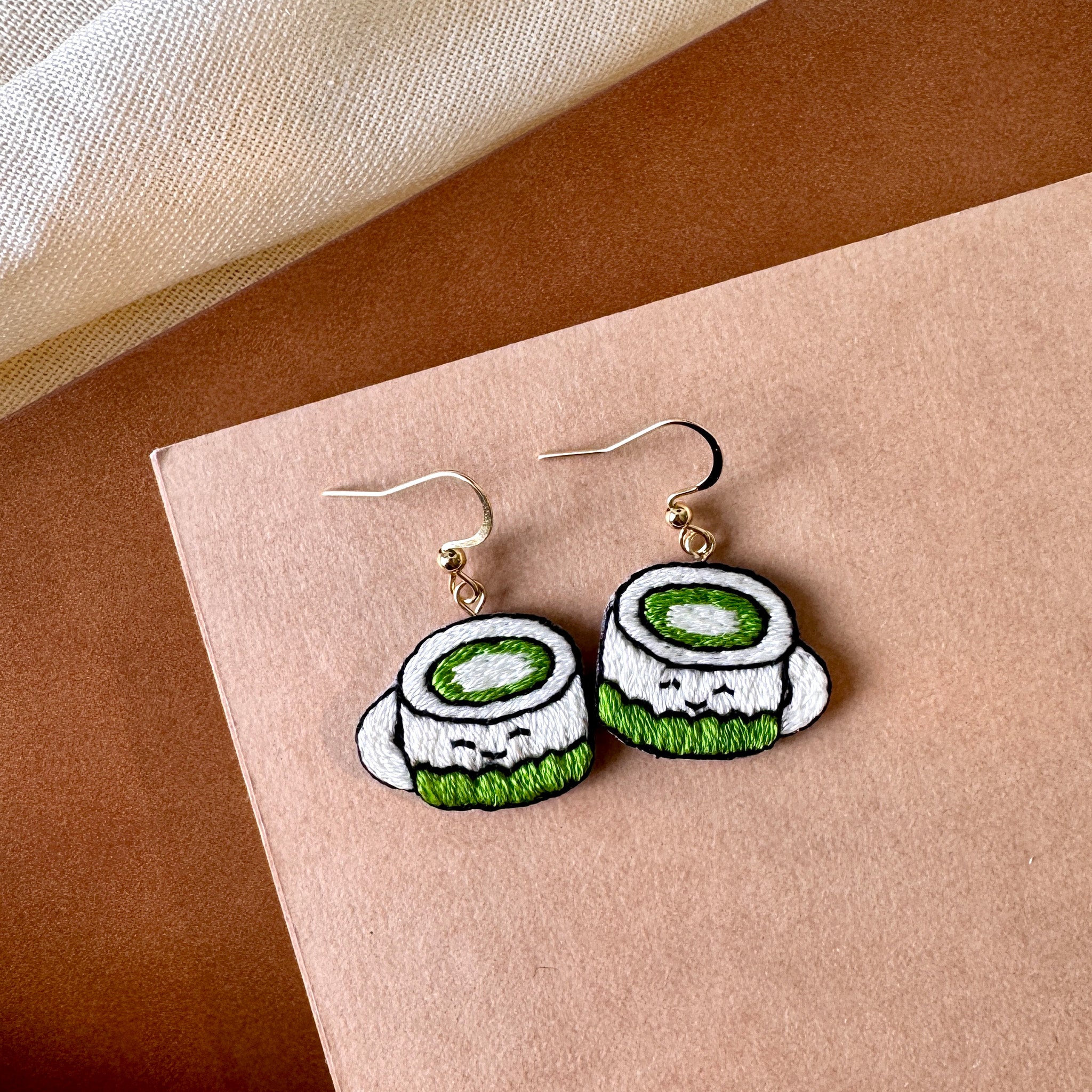 Matcha Cup Hand Embroidered Earrings