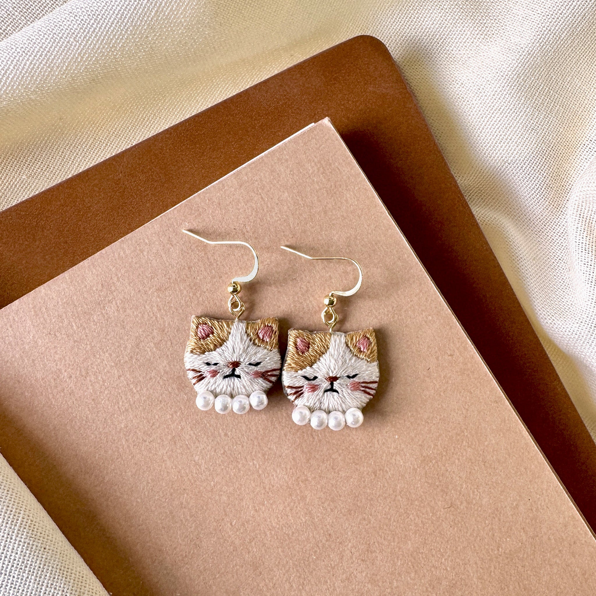 Sleeping Cat Hand Embroidered Earrings