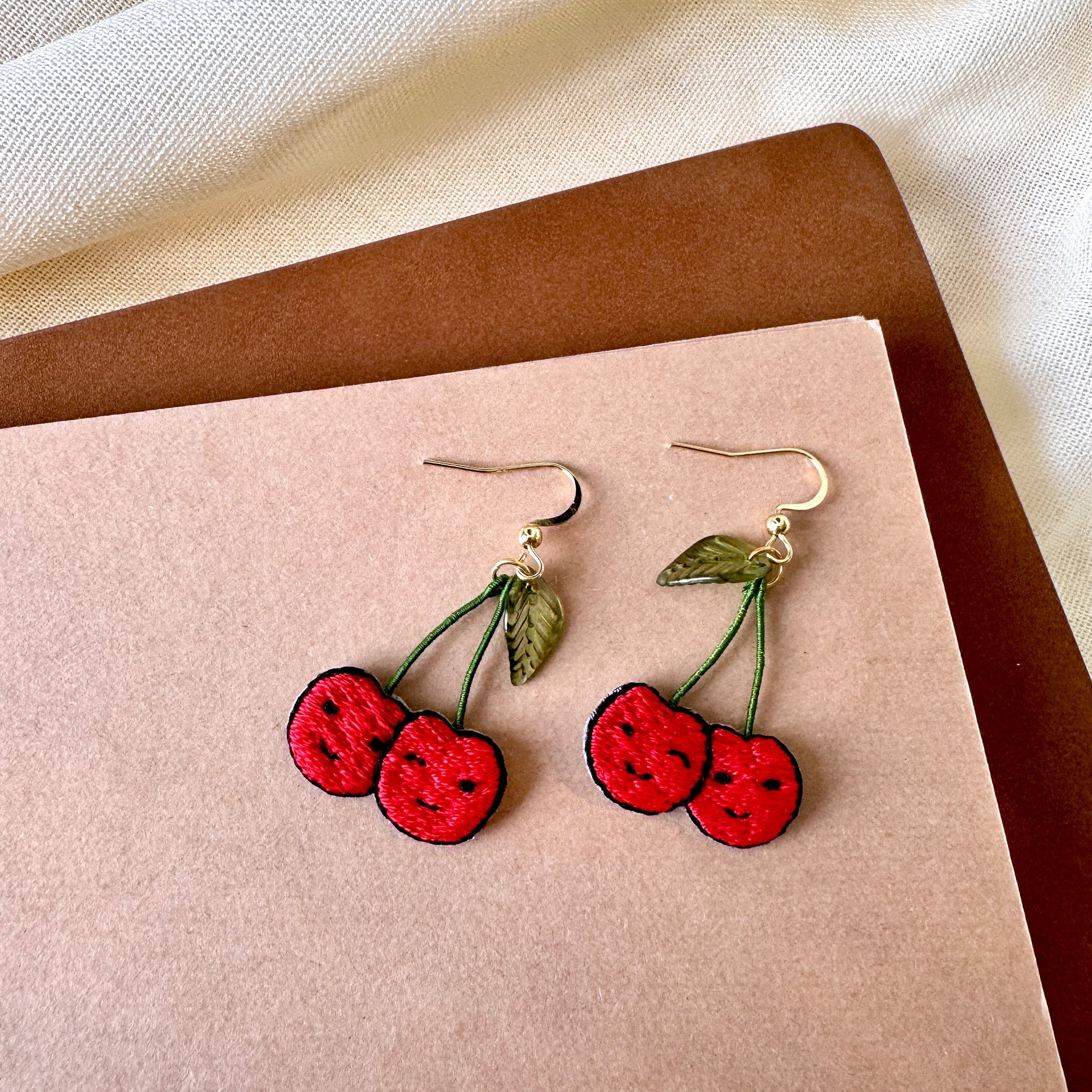 Cherries Hand Embroidered Earrings