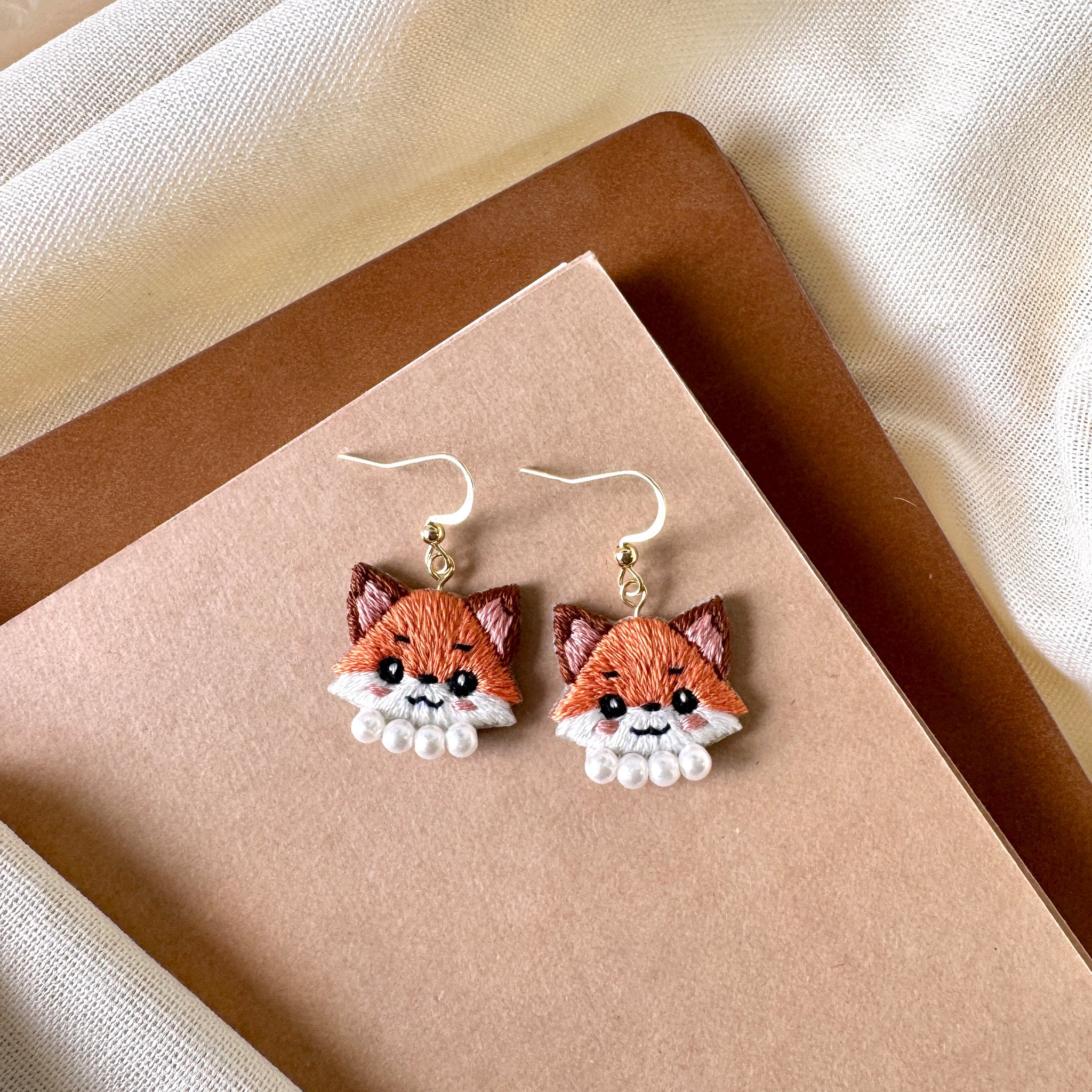 Little Fox Hand Embroidered Earrings