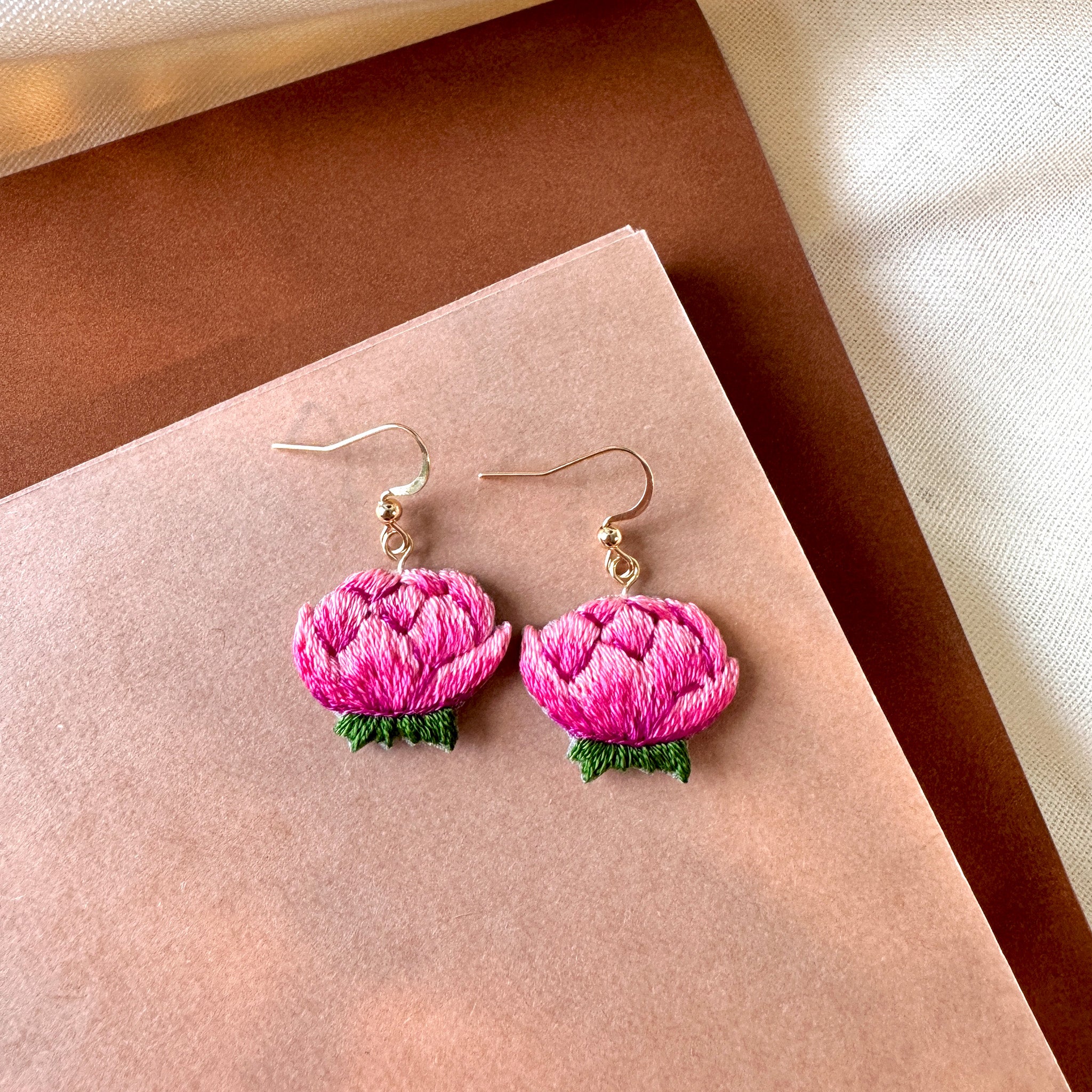 Peony Hand Embroidered Earrings