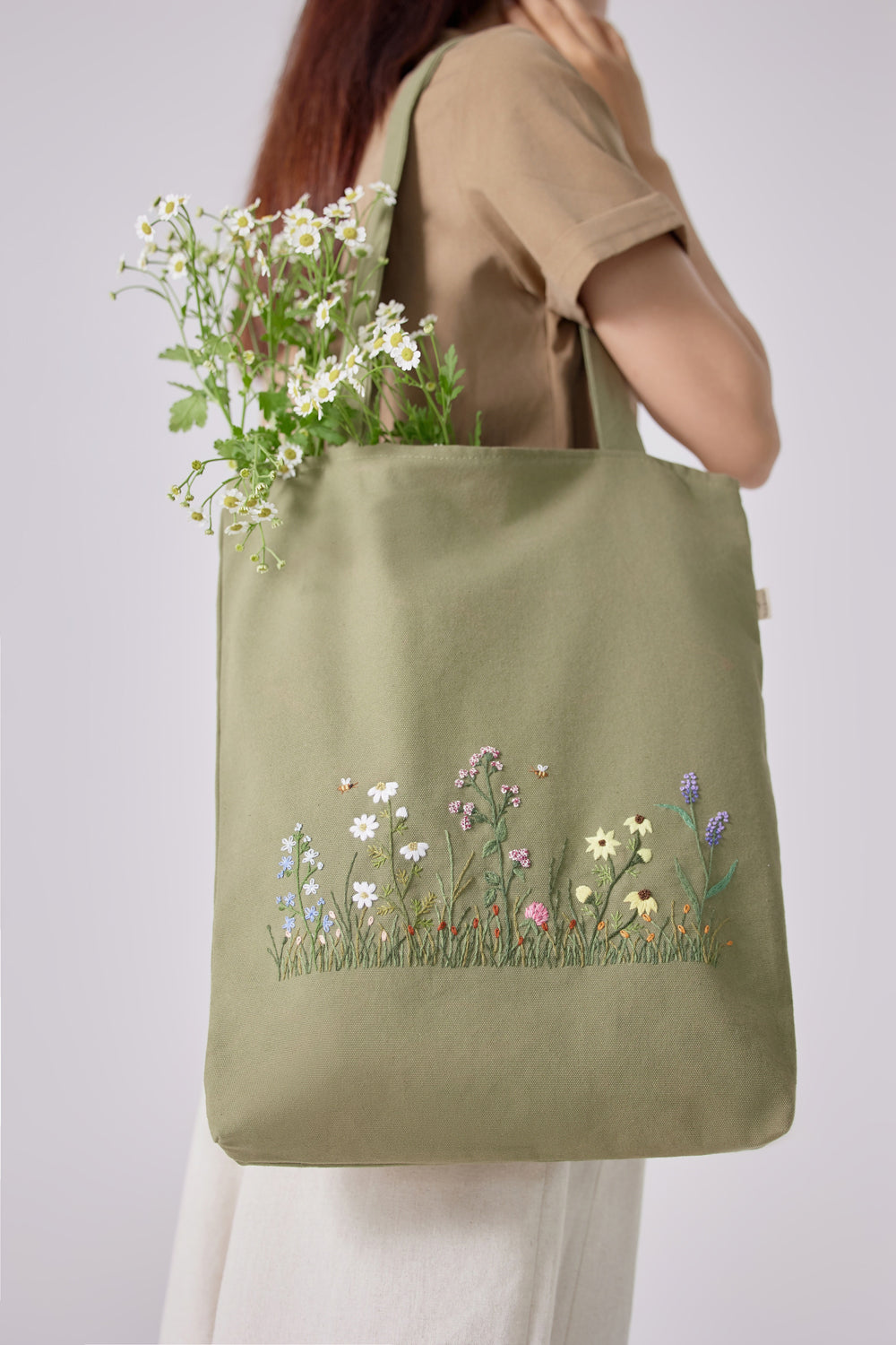 Wildflowers Forest Green Embroidery Tote Bag