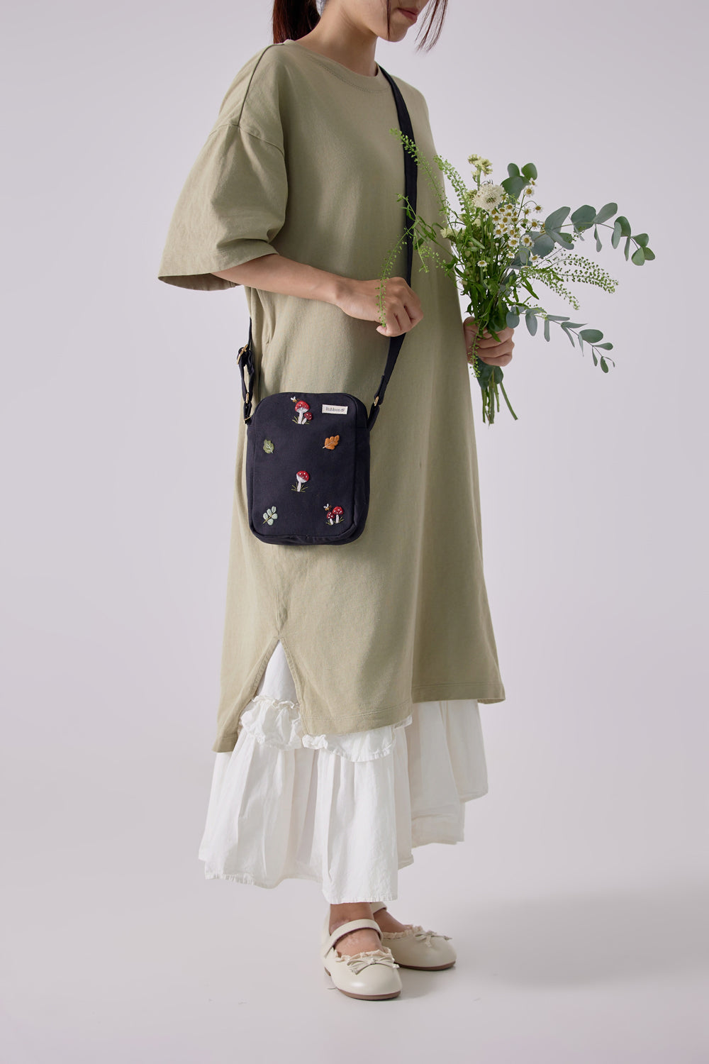 Mushroom Embroidery Cross Body Bag Black