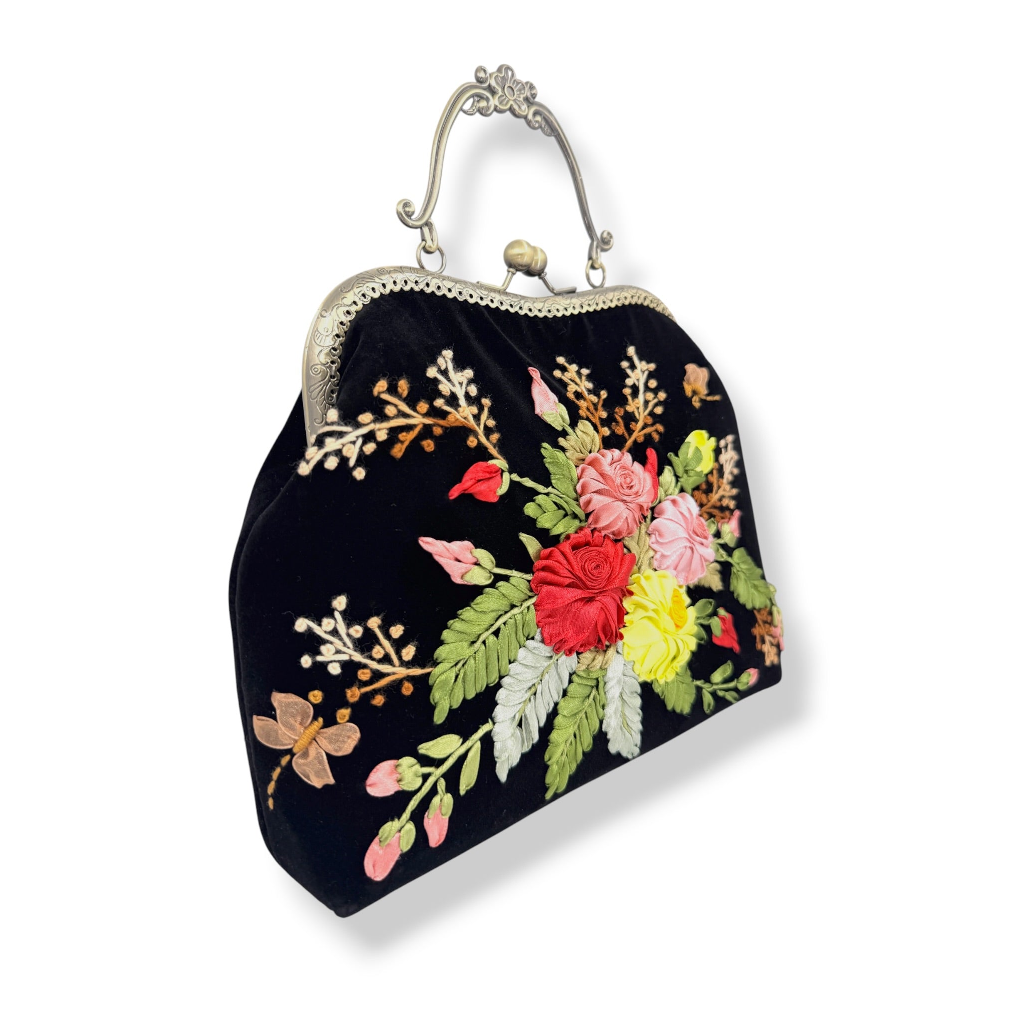 Vintage Roses Bouquet Velvet Ribbon Embroidery Clutch Velvet Bag