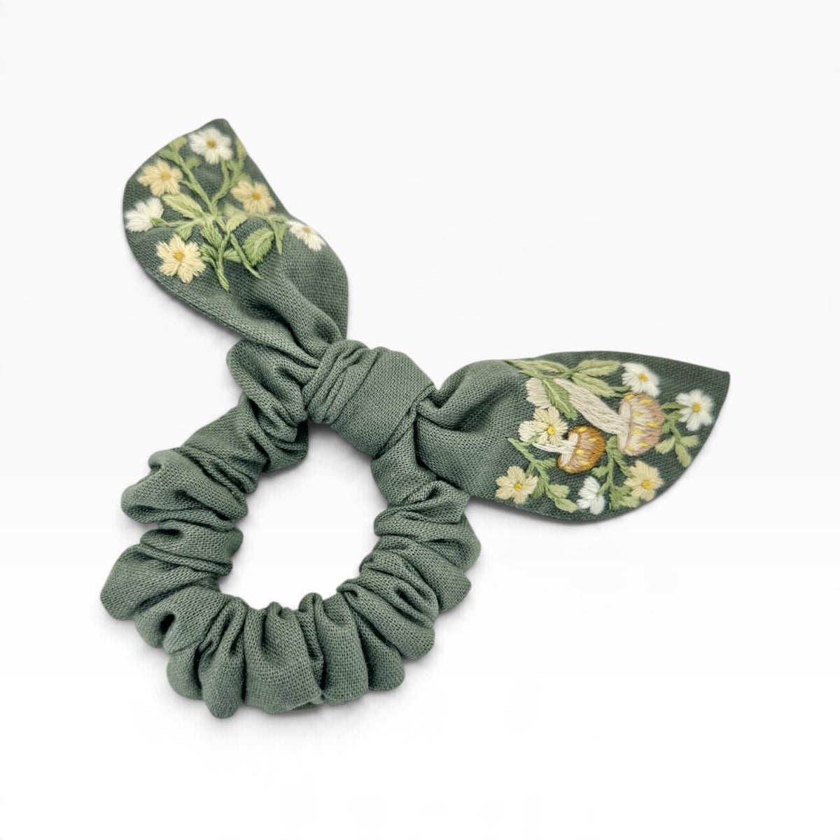 Woodland Mushroom Sage green Embroidered Scrunchies