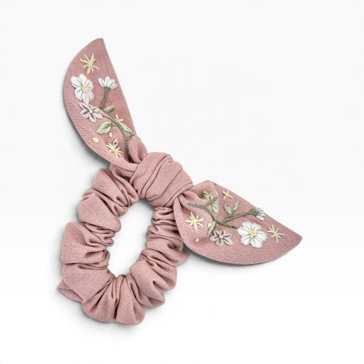 Blush Wildflower Embroidered Dusty Pink Bow Scrunchies