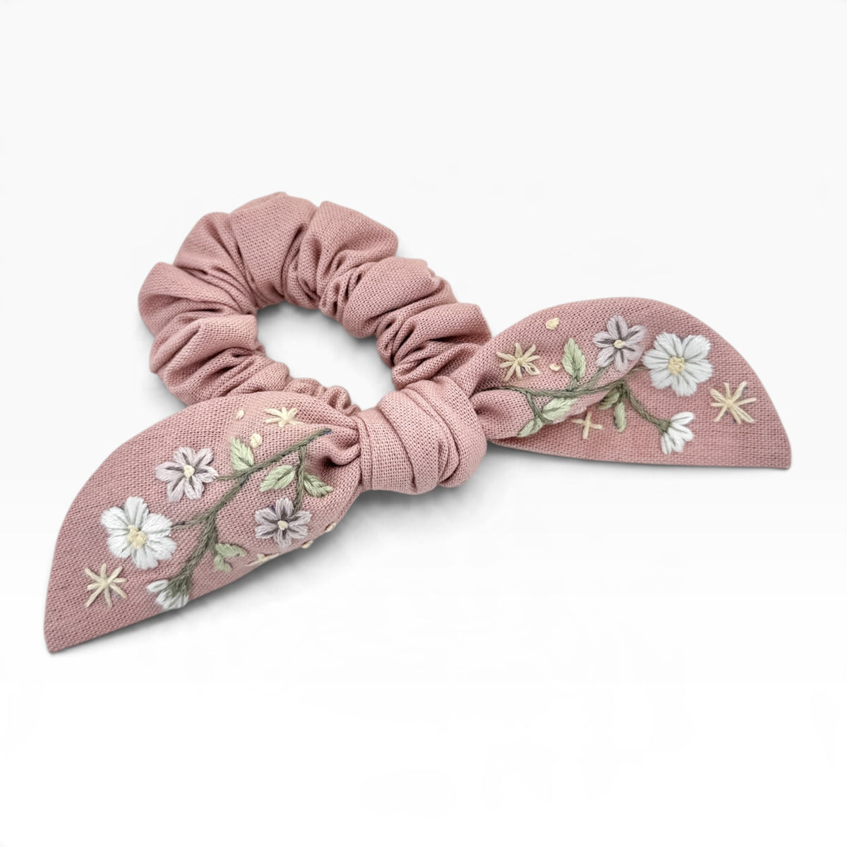 Blush Wildflower Embroidered Dusty Pink Bow Scrunchies