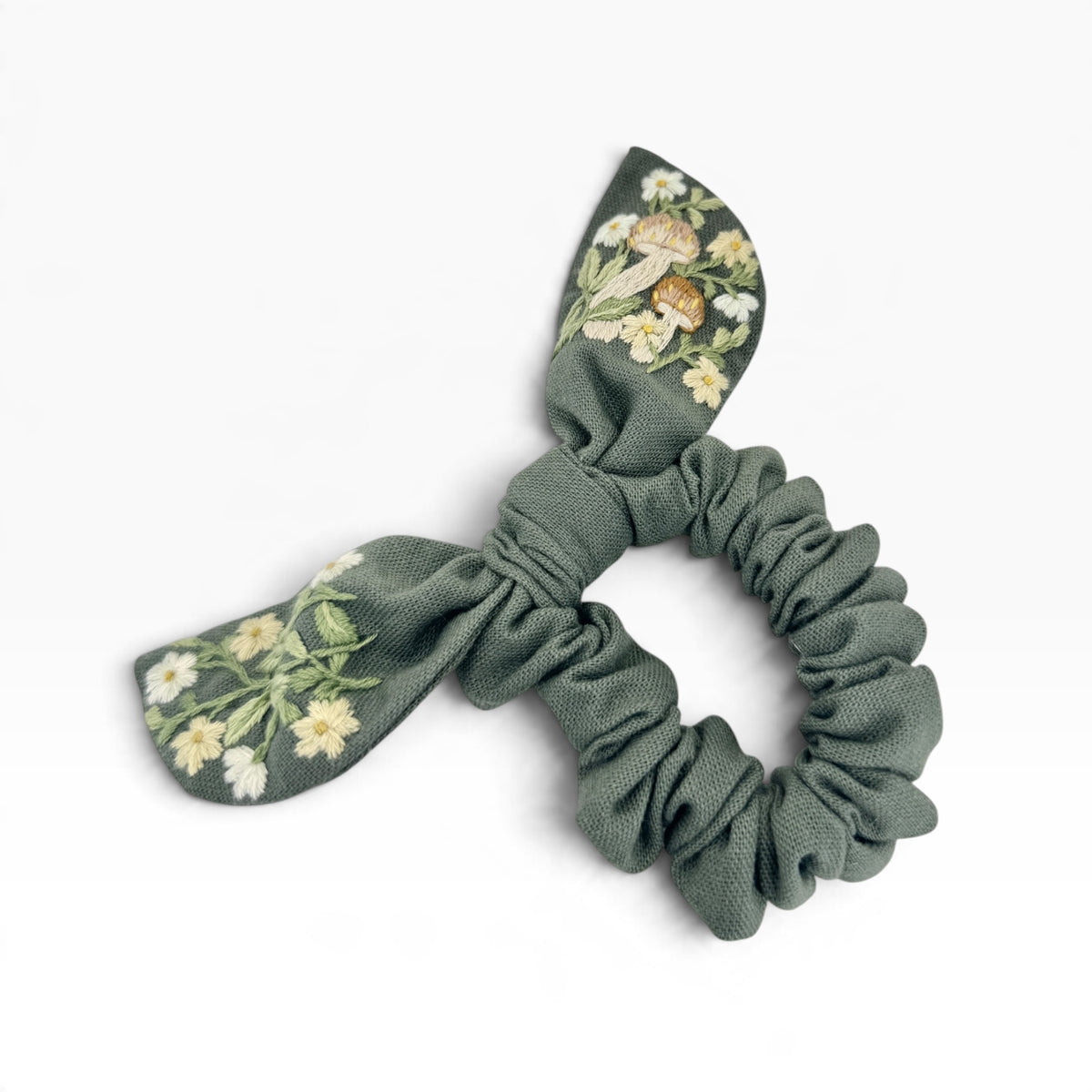 Woodland Mushroom Sage green Embroidered Scrunchies