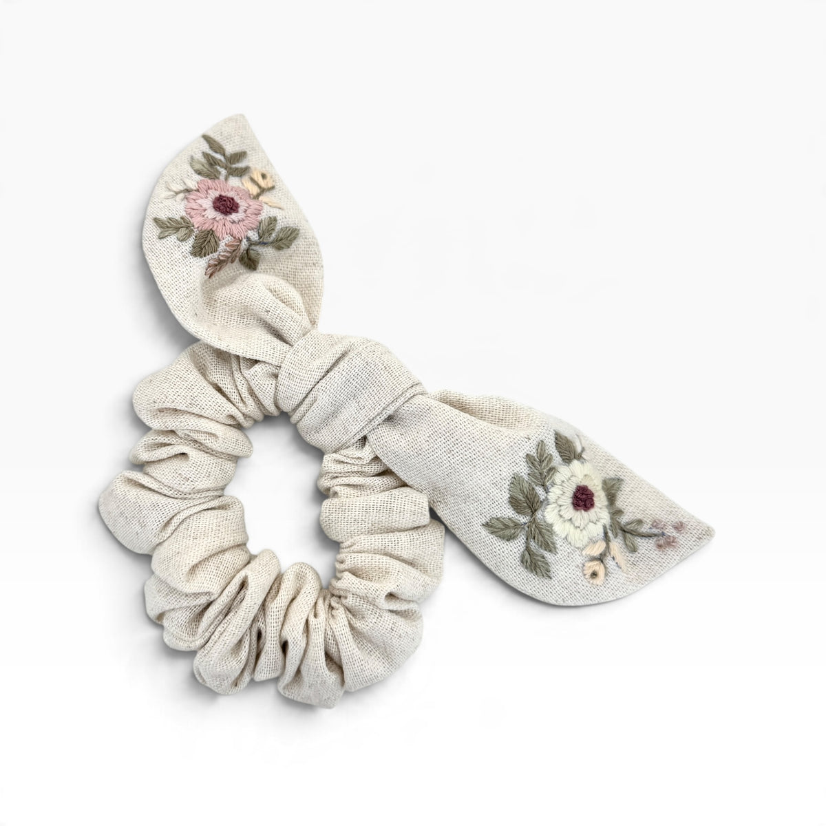 Ivory Meadow Hand-Embroidered Floral Bow Scrunchies