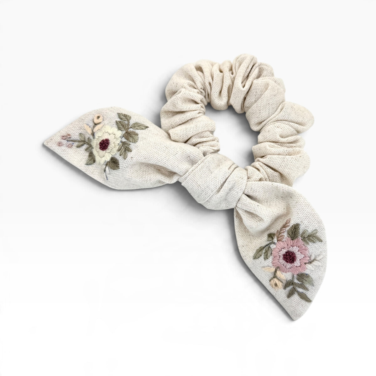 Ivory Meadow Hand-Embroidered Floral Bow Scrunchies
