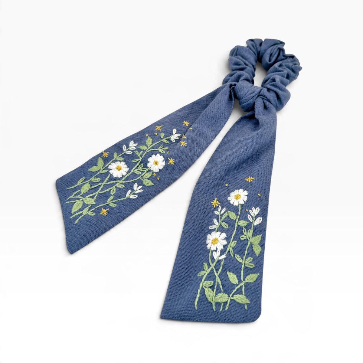 Quiet Daisy Garden Blue Embroidered Bow Scrunchies