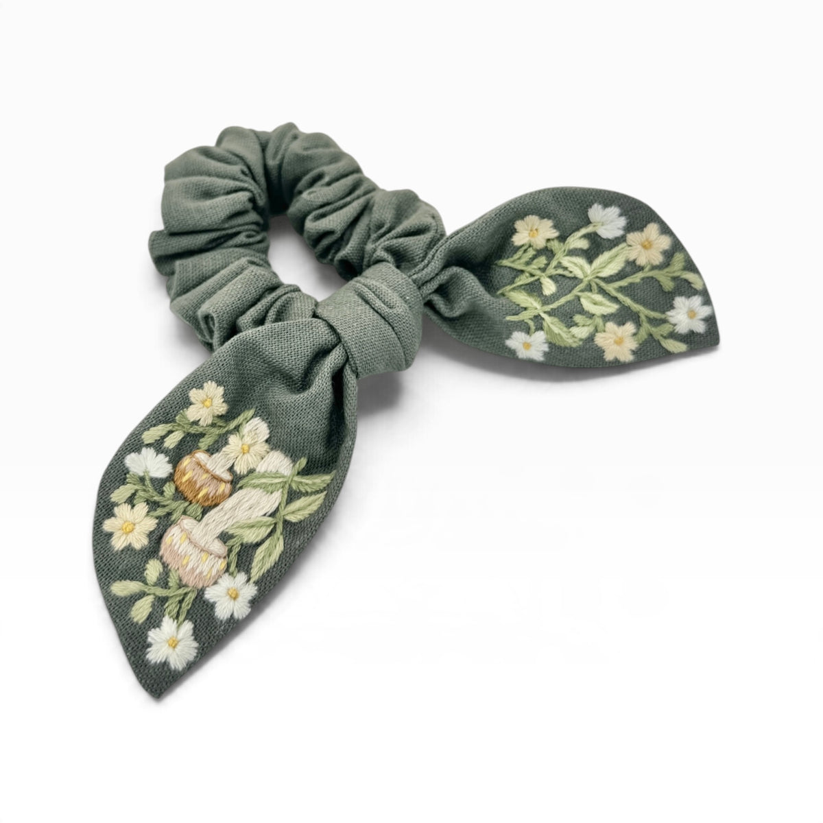 Woodland Mushroom Sage green Embroidered Scrunchies