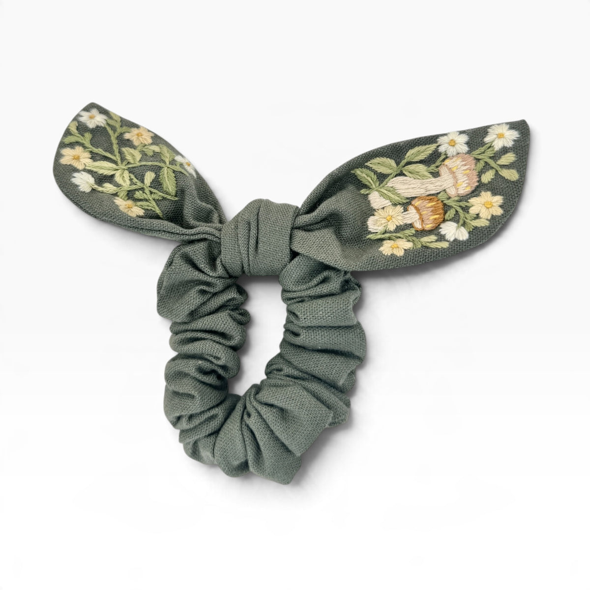 Woodland Mushroom Sage green Embroidered Scrunchies