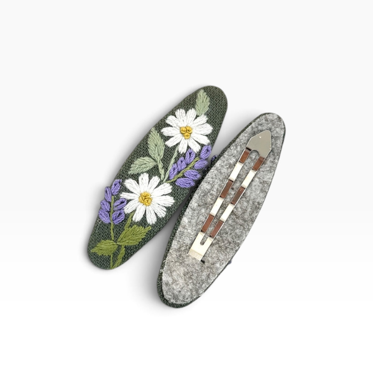 Daisy Meadow Sage Green Hand Embroidered Hair Clips