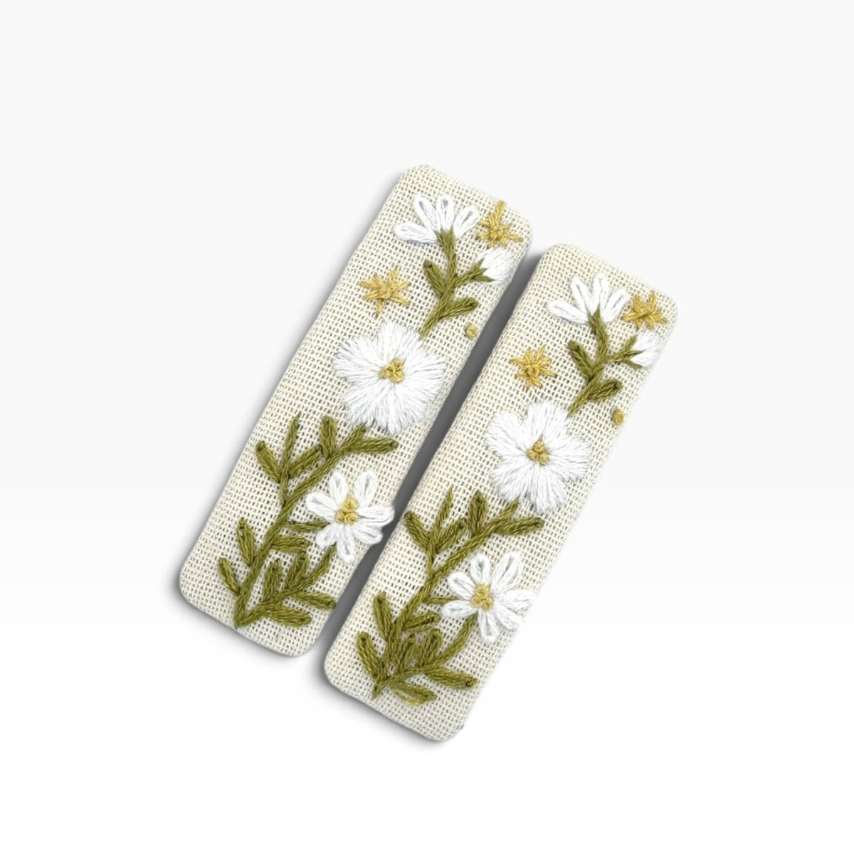 White Wildflower Beige Hand Embroidered Hair Clips