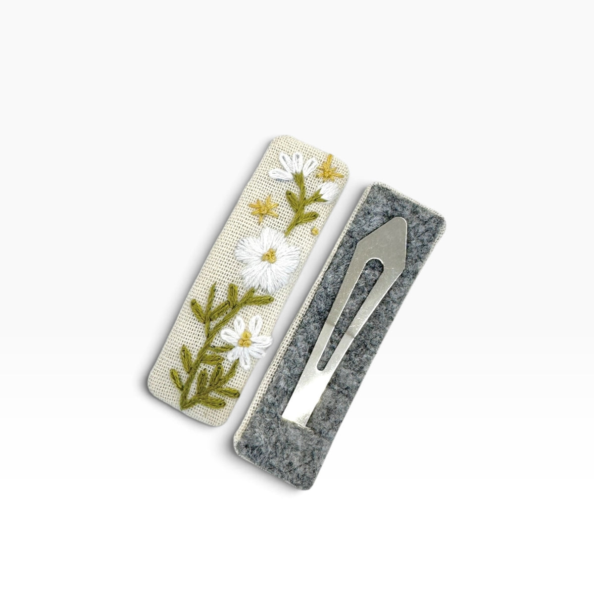 White Wildflower Beige Hand Embroidered Hair Clips
