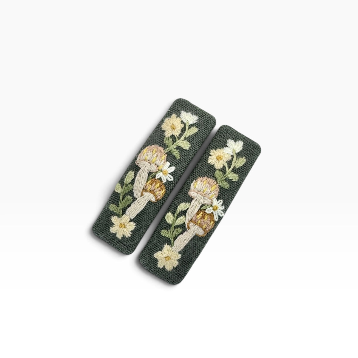 Woodland Mushroom Olive Green Hand Embroidered Hair Clips