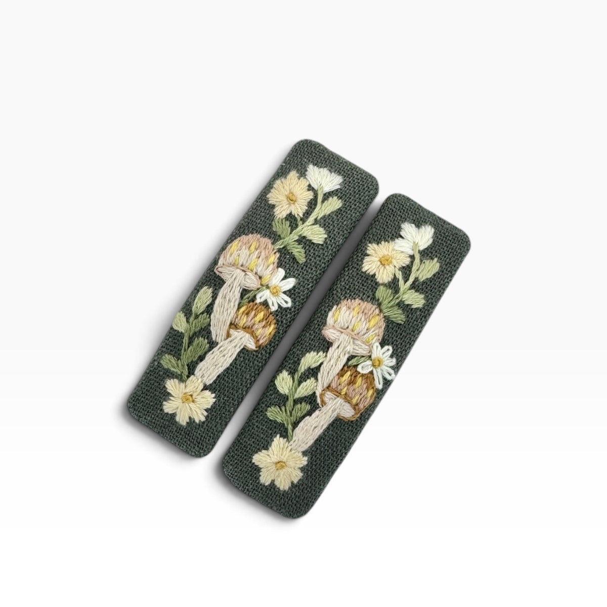 Woodland Mushroom Olive Green Hand Embroidered Hair Clips