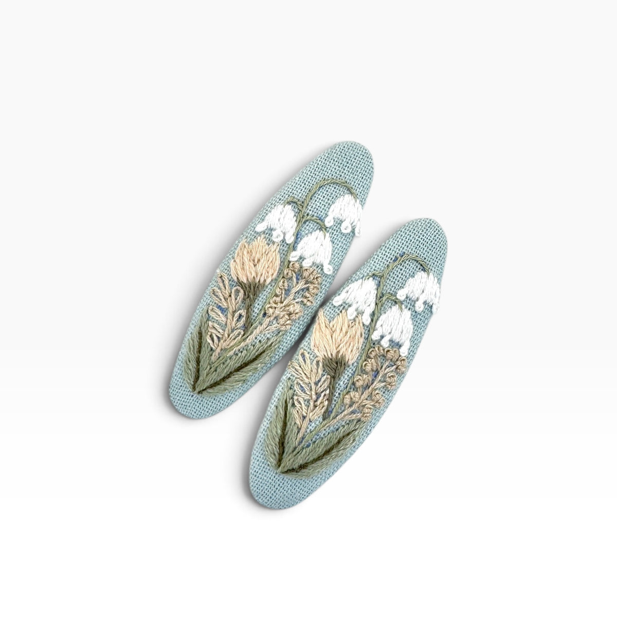 Lily of the Valley Pastel Blue Hand Embroidered Hair Clips