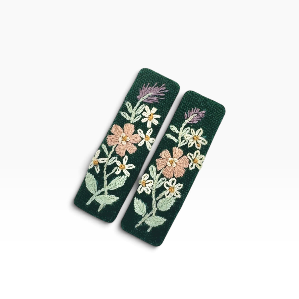 Forest Wildflower Green Hand Embroidered Hair Clips