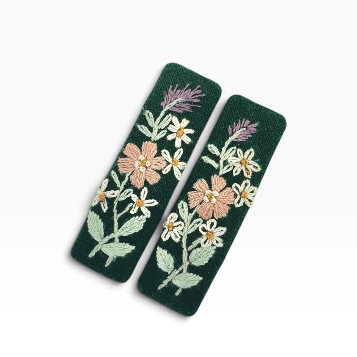 Forest Wildflower Green Hand Embroidered Hair Clips