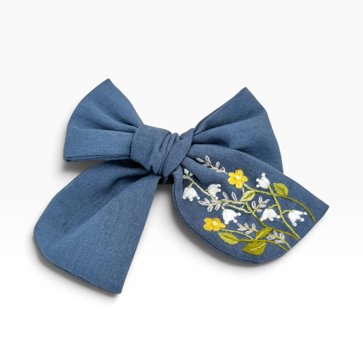 Buttercup White Lily Blue Embroidered Hair Bow