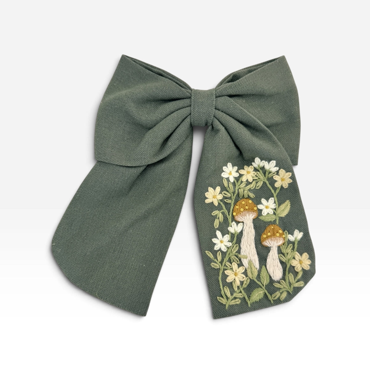 Woodland Mushroom Sage Green Embroidered Hair Barrette