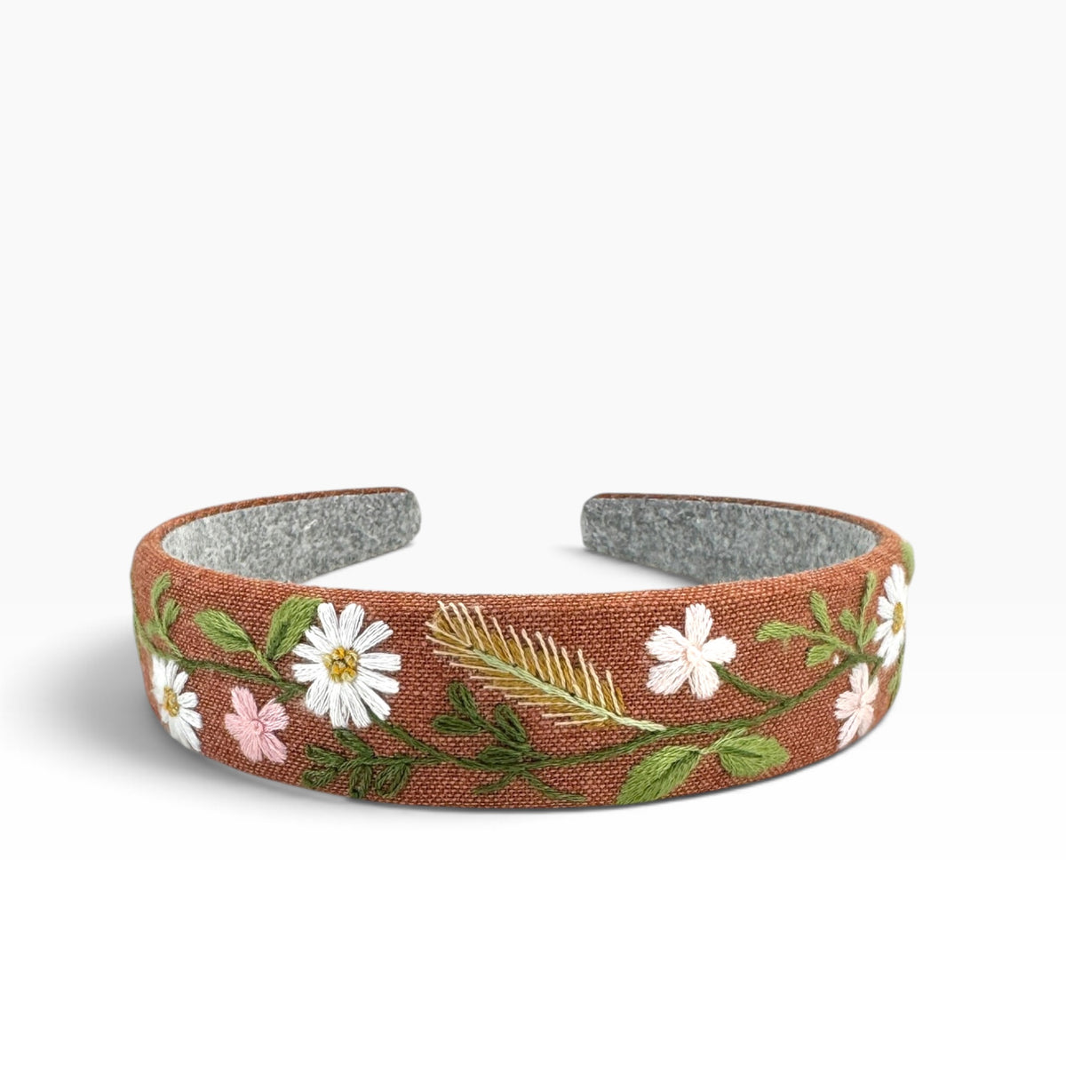 Daisy Meadow Light Brown Hand Embroidered Headband