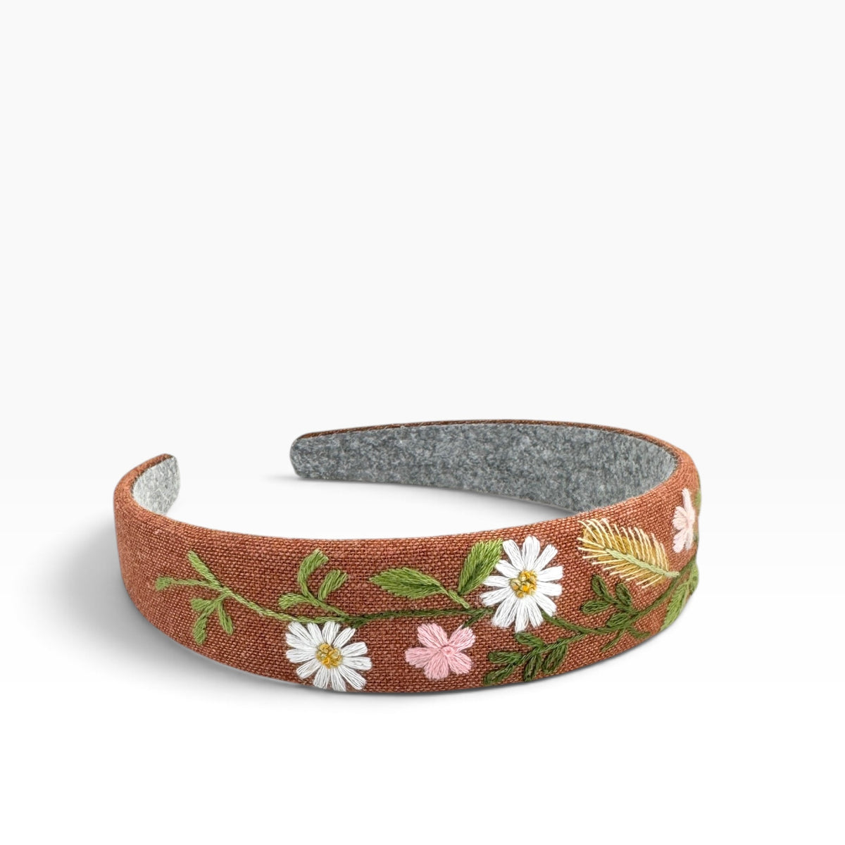 Daisy Meadow Light Brown Hand Embroidered Headband