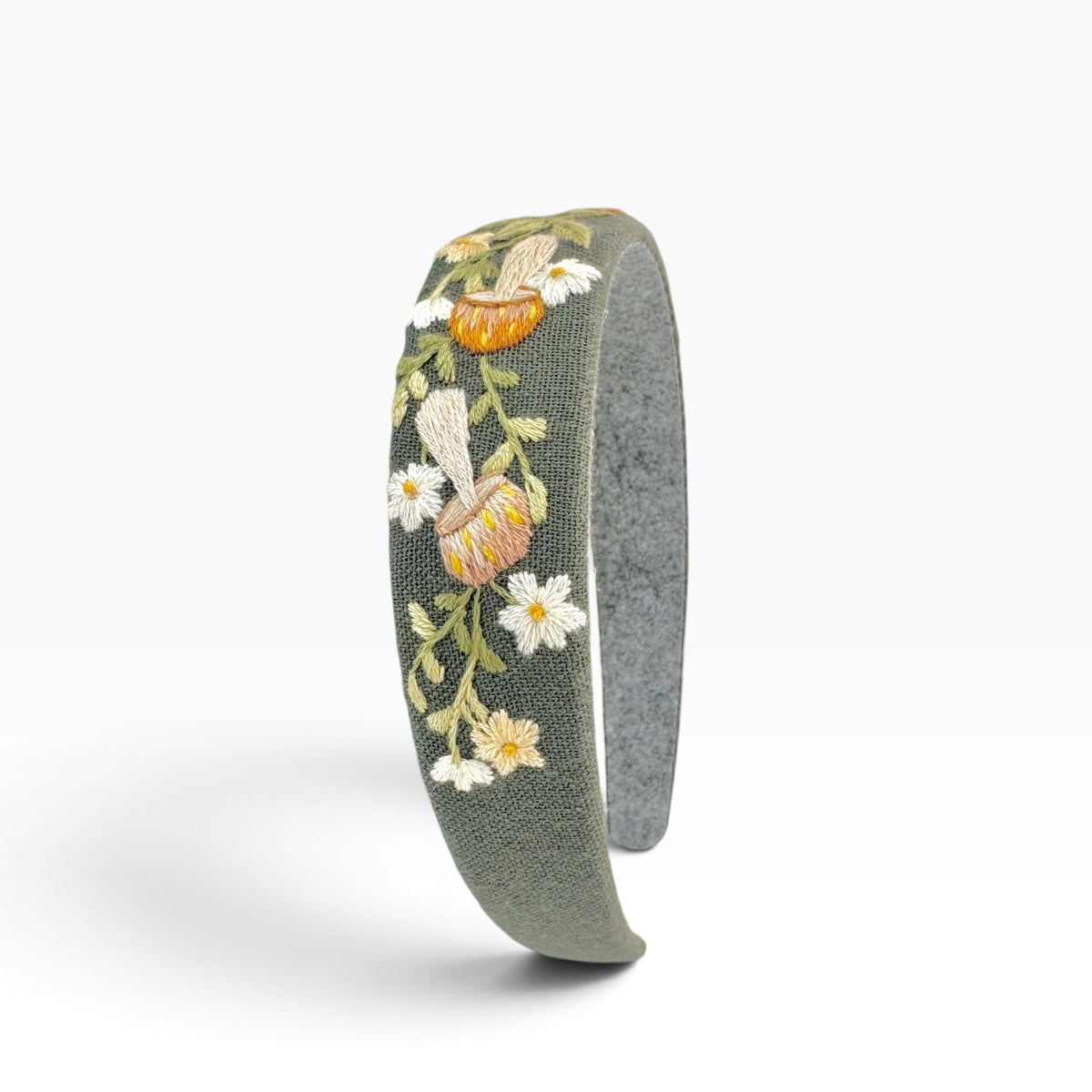 Woodland Mushroom Olive Green Hand Embroidered Headband