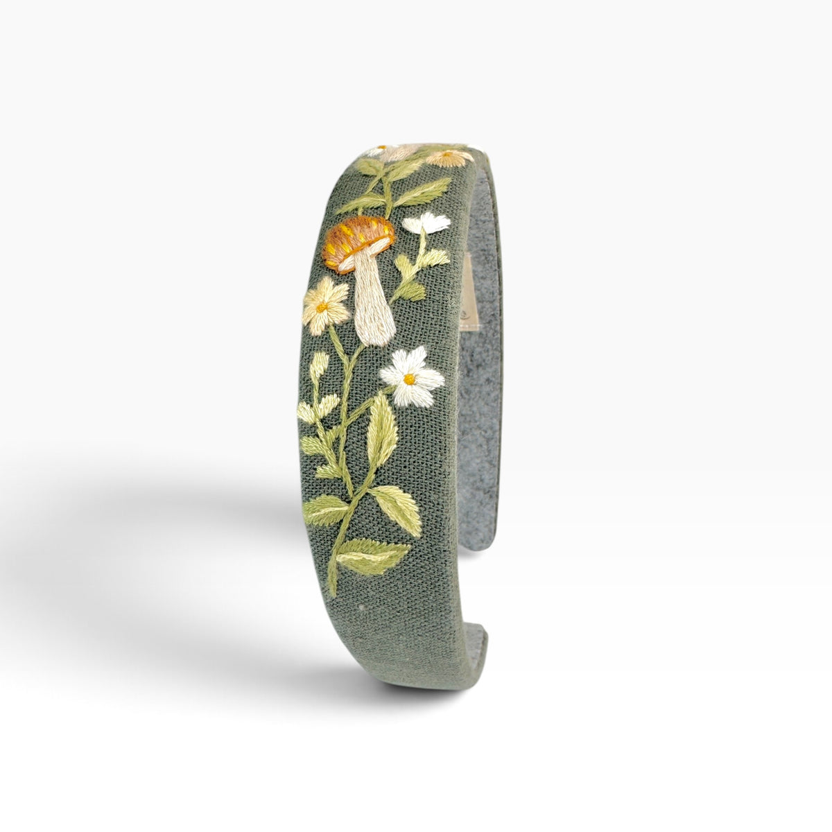 Woodland Mushroom Olive Green Hand Embroidered Headband