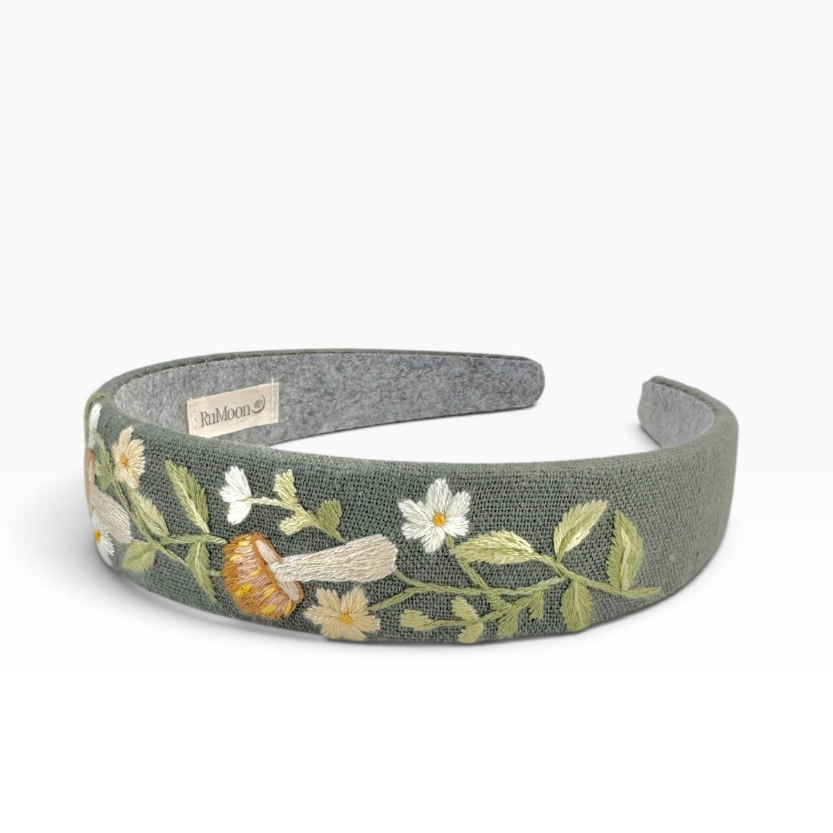 Woodland Mushroom Olive Green Hand Embroidered Headband