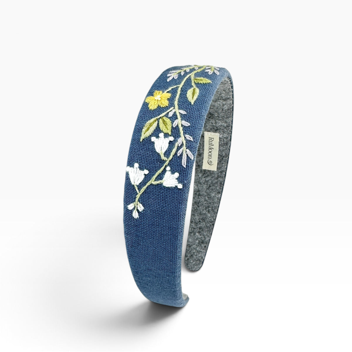 Buttercup and White Lily Blue Hand Embroidered Headband