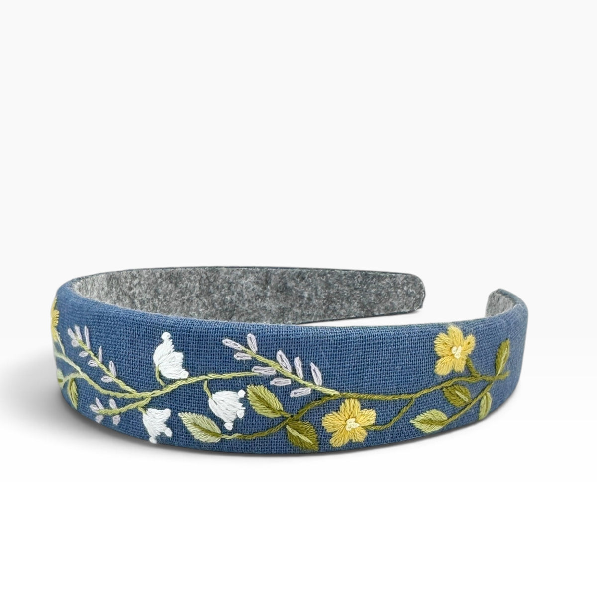 Buttercup and White Lily Blue Hand Embroidered Headband