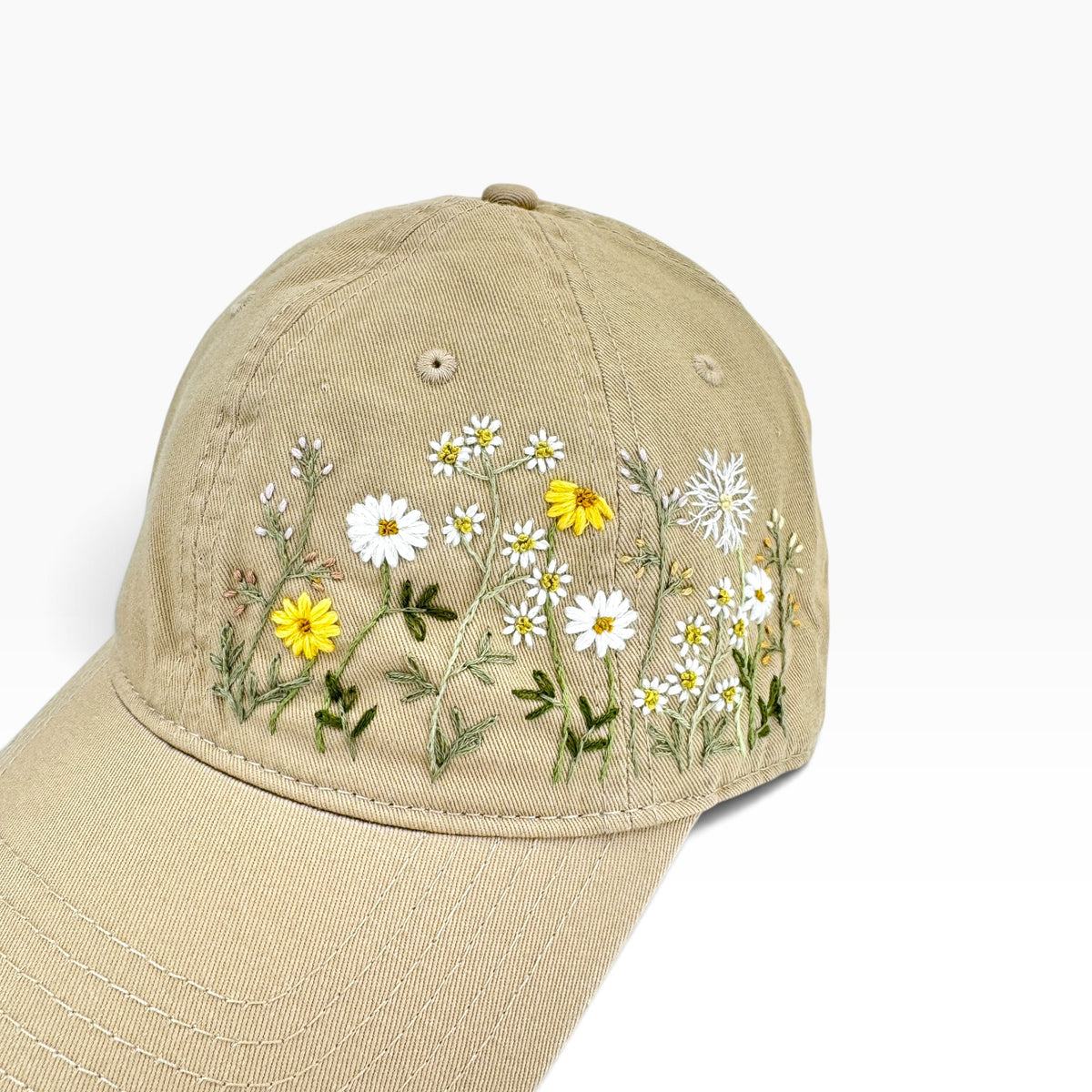 Daisy Garden Hand Embroidered Khaki Cap