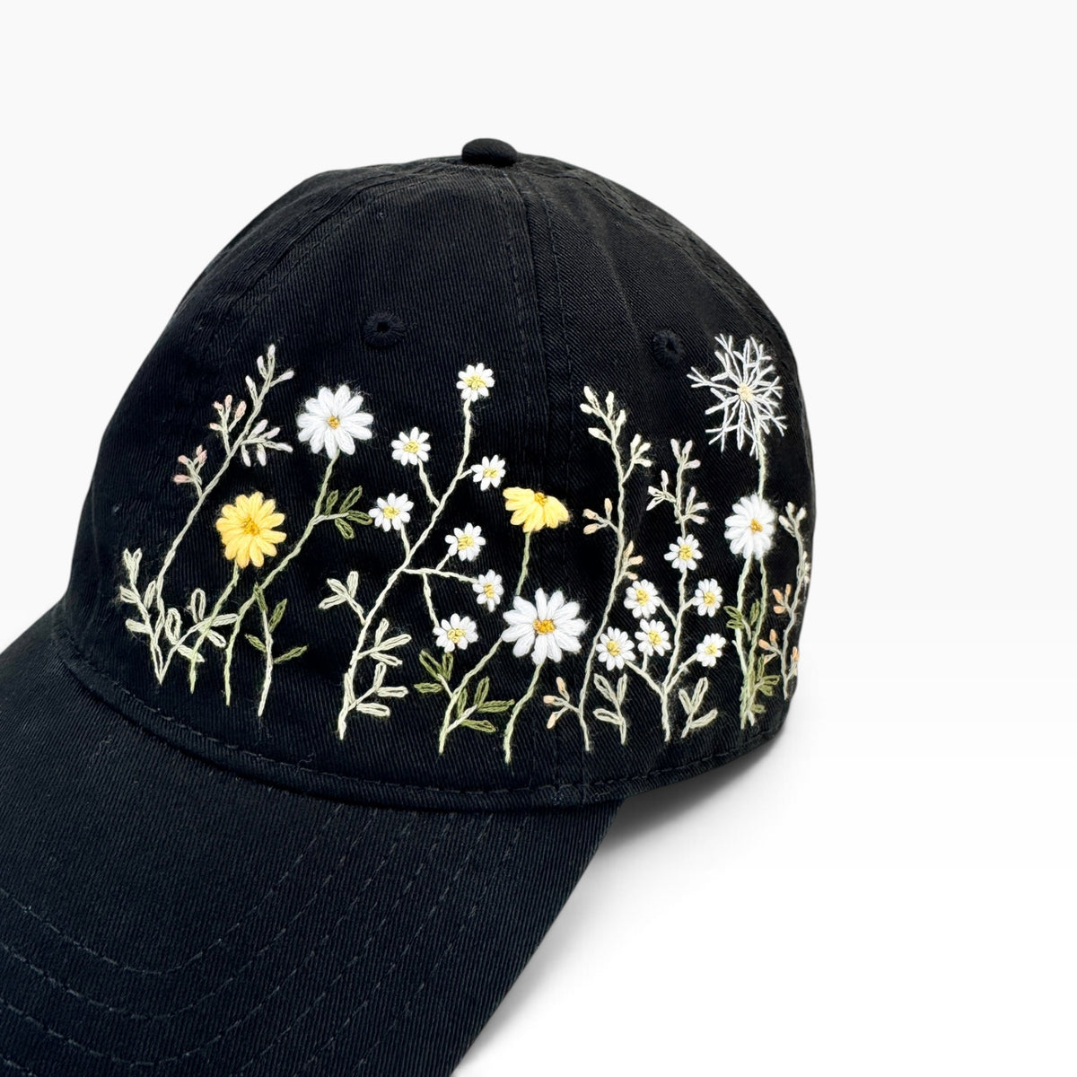 Wildflowers Field Hand Embroidered Black Hat