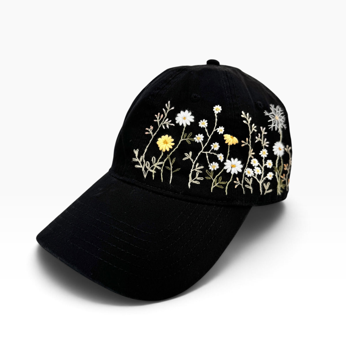 Wildflowers Field Hand Embroidered Black Hat